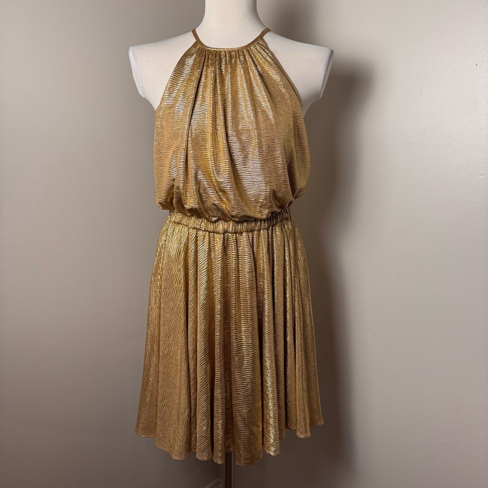 HALSTON HERITAGE Metallic Gold Pleated Mini Sundress / XS